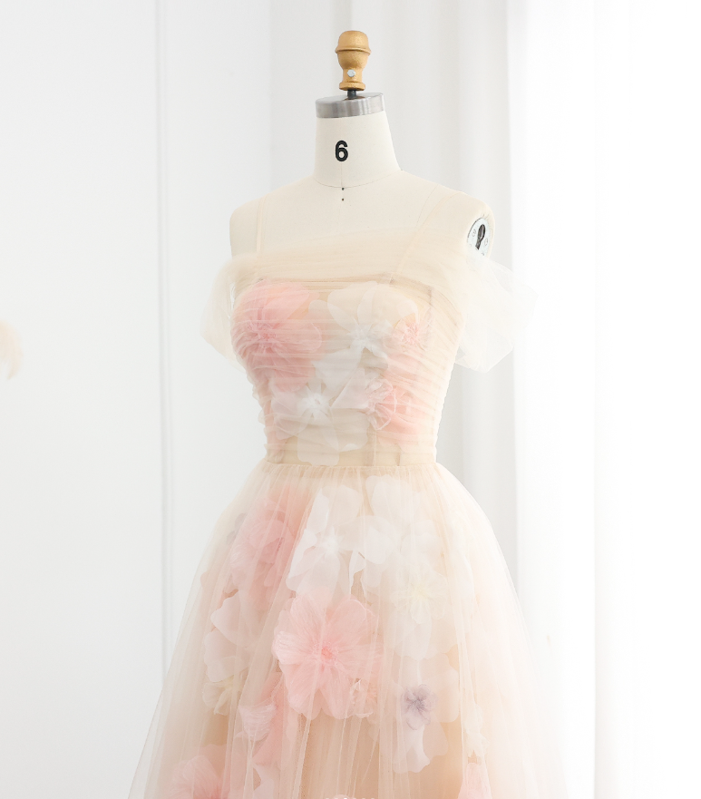 Dreamy A Line Off the Shoulder 3D Flower Tulle Prom Dress Evening Dress SH2379