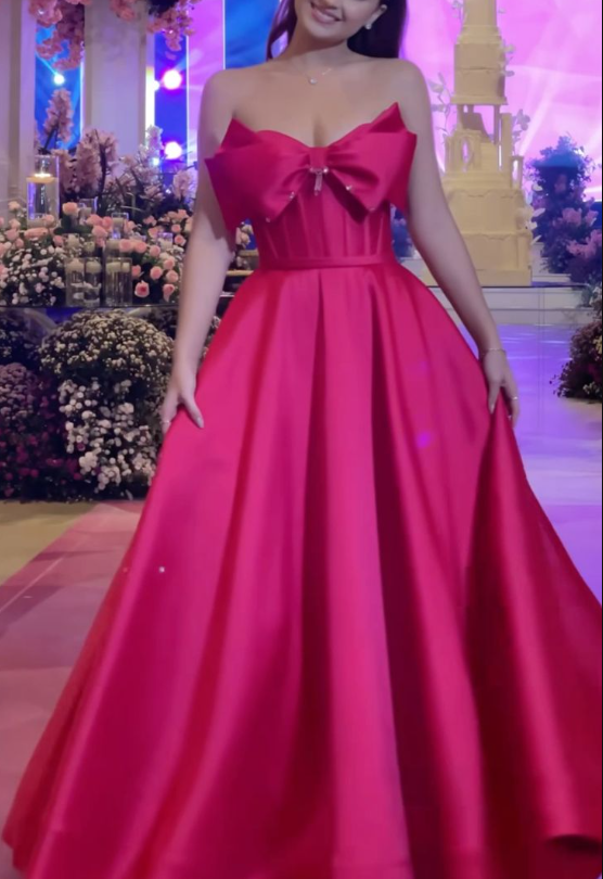 Beautiful Hot Pink Strapless Long Party Dress With Bow SH1425