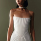Unique Sheath Strapless Pleated White Satin Long Wedding Dress SH7153
