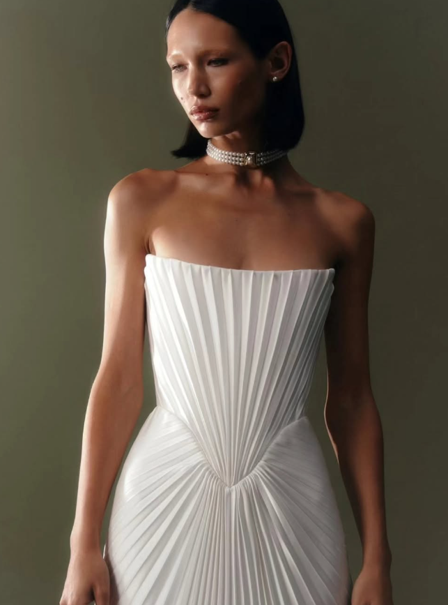Unique Sheath Strapless Pleated White Satin Long Wedding Dress SH7153