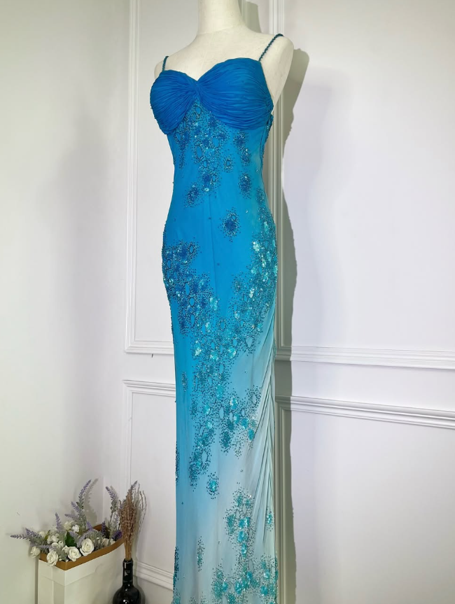 Vintage Romantic Blue Ombre Beaded Chiffon Long Prom Dress Party Dress SH4889