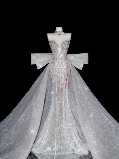 Exquisite Dreamy Mermaid Beaded Pearl Sequin White Tulle Prom Dress Party Dress with Slit SH3492
