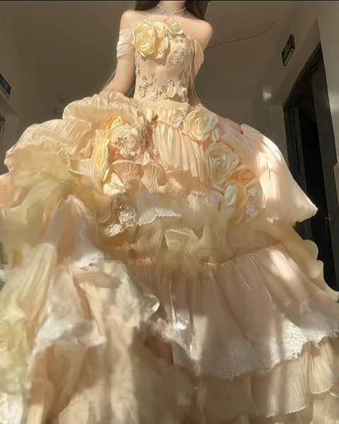 Cute Yellow Rose Ball Gown Off the Shoulder Beaded Satin Prom Dress 16th Birthday Dress SH5030