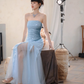 Blue Classy A Line Strapless Sequin Tulle Long Evening Dress Gown Dress SH3587