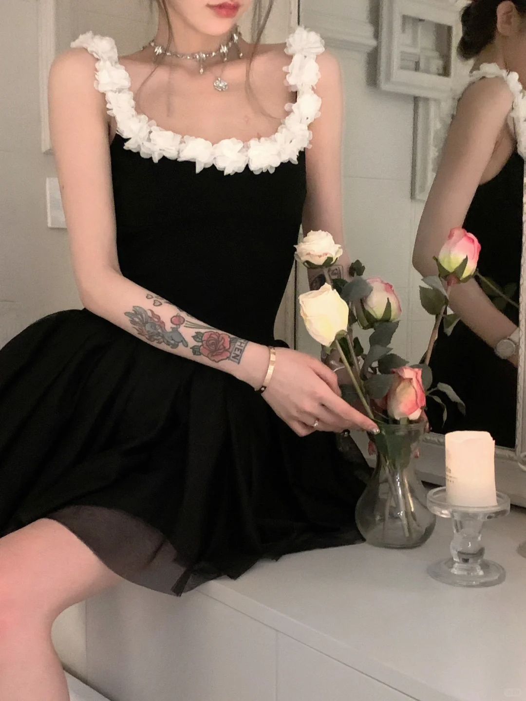 Cute A Line Straps White Floral Black Tulle Short Homecoming Dress Outfits SH5824