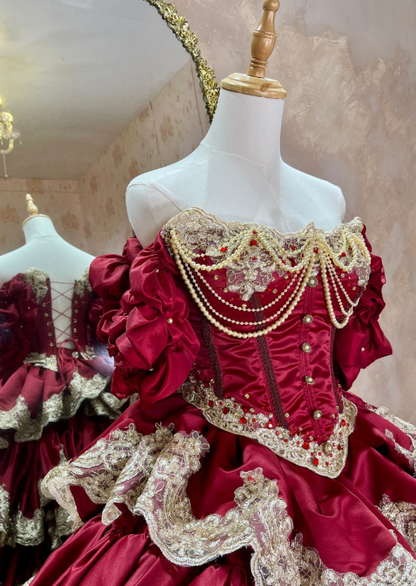 Burgundy Ball Gown Off the Shoulder Layered Lace Beaded Satin Quinceanera Dresses SH4871