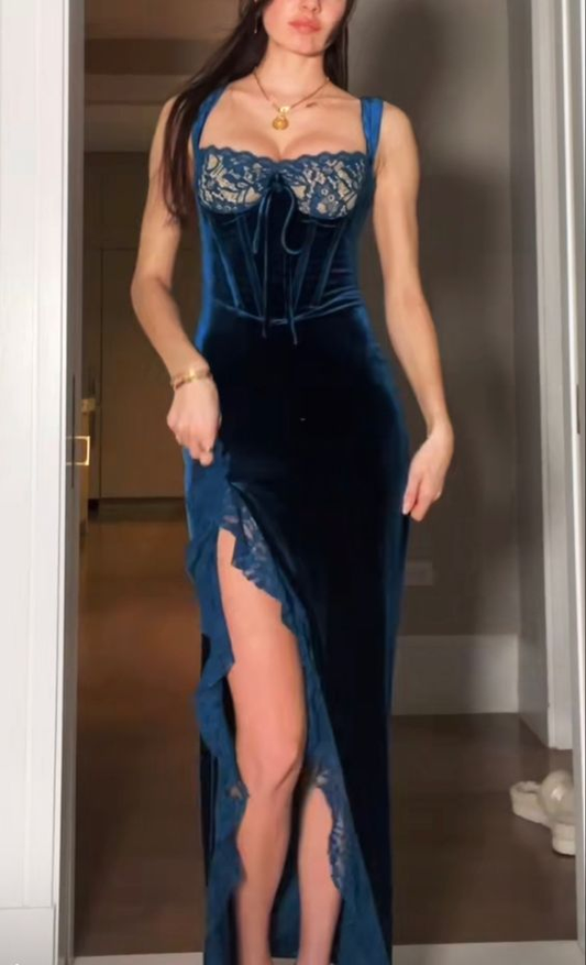 Sexy Slit Velvet Lace Long Prom Dress Evening Dress SH900