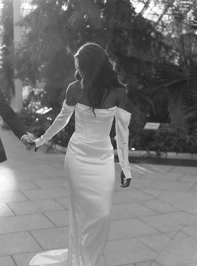 Simple Elegant Sheath Long Sleeve White Satin Long Wedding Dress SH5284