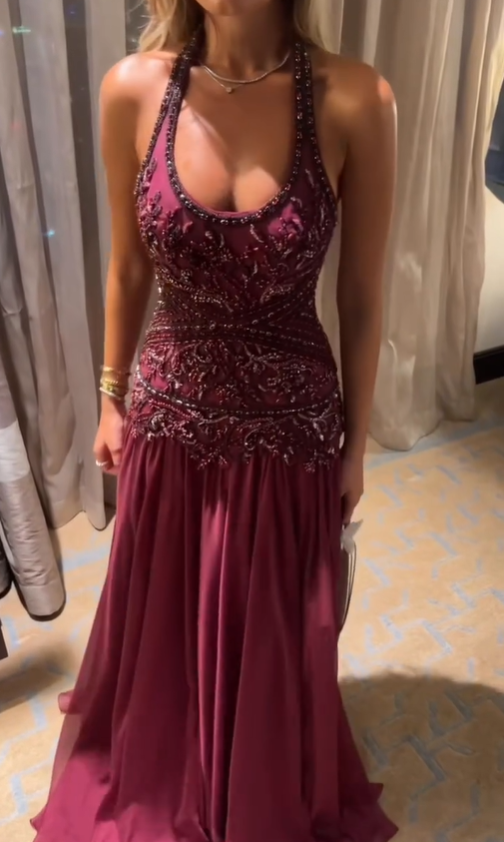 Exquisite A Line Halter Beaded Chiffon Open Back Prom Dress SH5063