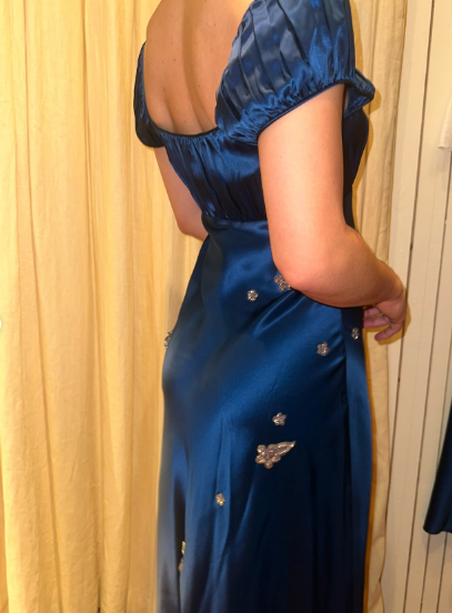 Navy Blue A Line Straps Exquisite Beaded Satin Prom Dress Evening Dress Outfits SH7254