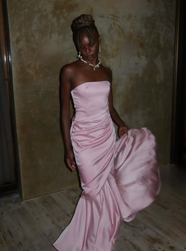 Pink Mermaid Strapless Pleated Satin Long Wedding Guest Dress Party Dress SH3308