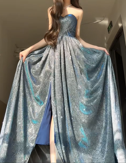 Shiny Blue A Line Sweetheart Neck Sequin Graduation Ball Gown 18th Birthday Dress with Slit SH4989