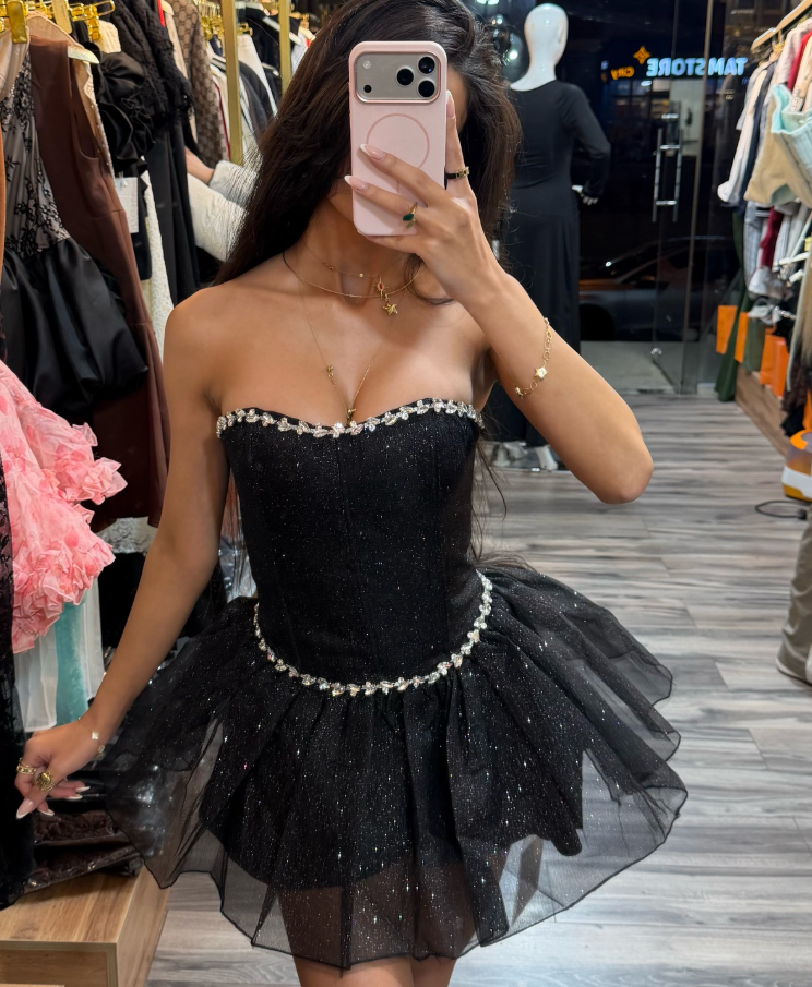 Sexy Black A Line Sweetheart Neck Beaded Sequin Tulle Cocktail Dress Homecoming Dress SH6144