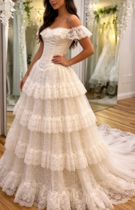 Princess Ball Gown Off the Shoulder White Layered Lace Long Wedding Dress SH7070