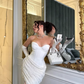 Dazzling White Sheath Sweetheart Neck Satin Sequin Short Prom Dress Homecoming Dress SH6386