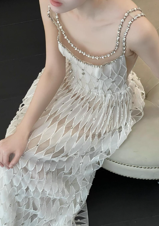 Gentle White A Line Straps Rhinestone Tulle Prom Dress Evening Dress 16th Birthday Dress SH4050