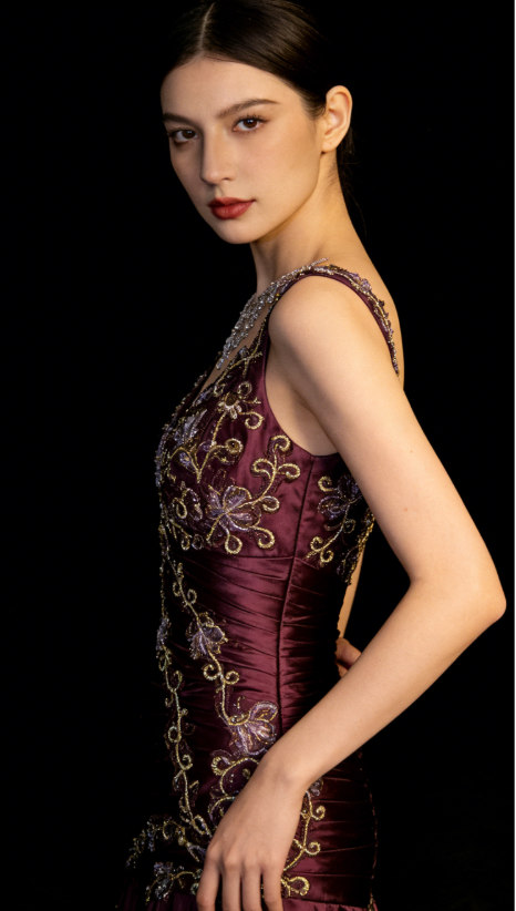 Chic Burgundy A Line Exquisite Embroidery Beaded Satin Prom Dress Evening Gown SH5423