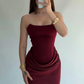 Elegant Sheath Strapless Burgundy Satin Long Prom Dress Evening Dress SH7296