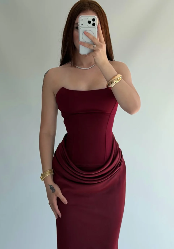 Elegant Sheath Strapless Burgundy Satin Long Prom Dress Evening Dress SH7296