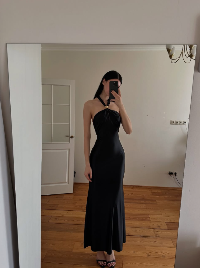 Elegant Simple Black Mermaid Halter Satin Evening Dress Party Dress Formal Dress SH3953
