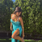 Simple Lake Blue A Line Spaghetti Strap Lace Satin Prom Dress SH4566