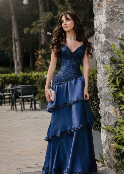 Navy Blue Mermaid Straps Beaded Layered Satin Prom Dress Evening Dress SH6336