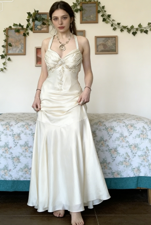 Vintage Halter V Neck Beaded Appliques 90s Prom Dress Mermaid Evening Dress  SH1132