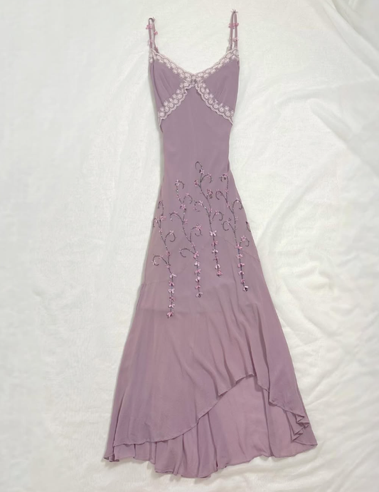 Vintage A Line Spaghetti Straps Beaded Purple Chiffon Prom Dress Party Dress SH3663