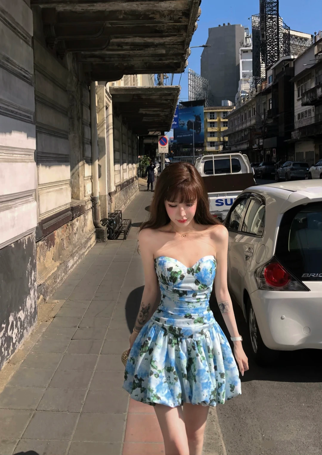 Cute A Line Sweetheart Neck Blue Print Floral Satin Short Homecoming Dress Outfits SH5823