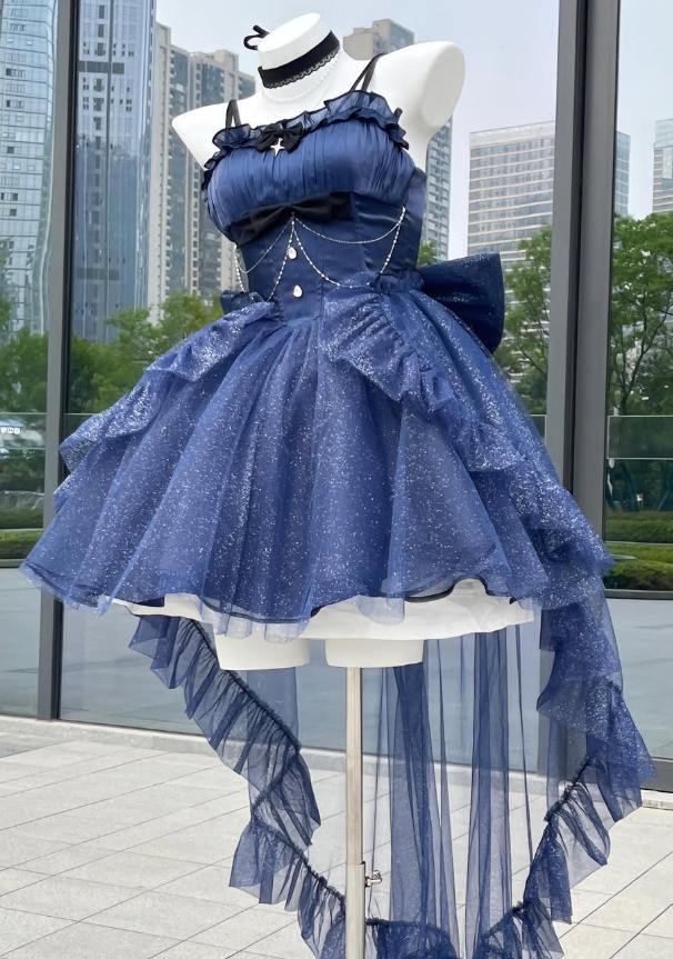 Dramy Navy Blue Ball Gown Spaghetti Strap Bow Satin Tulle Short Prom Dress Homecoming Dress SH6439