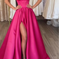 Hot Pink A Line Off the Shoulder Satin Prom Dress with Slit SH5464