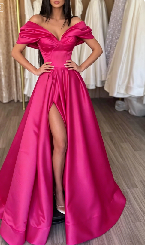 Hot Pink A Line Off the Shoulder Satin Prom Dress with Slit SH5464