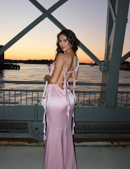 Pink Mermaid Ruffle Straps Satin Long Prom Dress Vacation Dress Party Dress SH4009