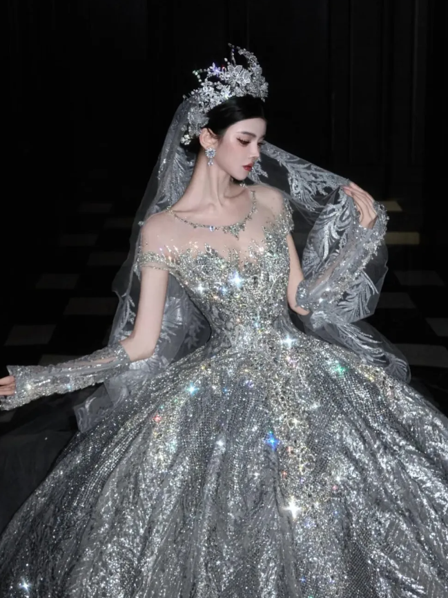 Silver Sequin Ball Gown Round Neck Prom Dress Evening Dress Party Dress SH3614