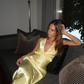 Green Simple Sheath V Neck Satin Open Back Prom Dress Evening Dress Formal Gown SH3921
