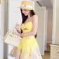 Summer Yellow A Line Straps Print Floral Satin Cocktail Dress Homecoming Dress SH6164