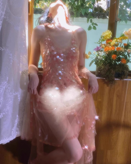 Dreamy Pink A Line V Neck Sequin Tulle Open Back Prom Dress Party Dress SH4080