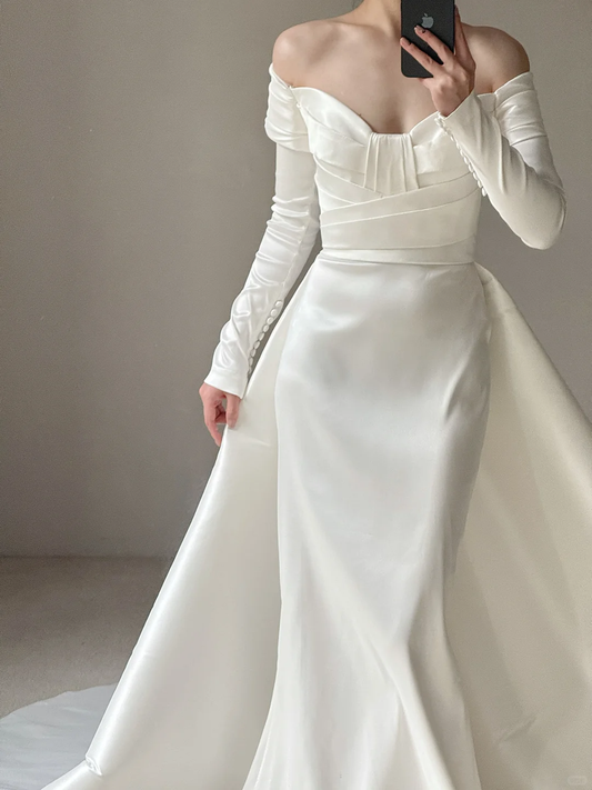 Unique Mermaid Long Sweep Pleated White Simple Satin Long Sweep Wedding Dress SH4758