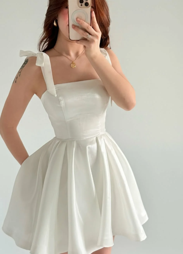 White A Line Bow Straps Satin Short Prom Dress Homecoming Dress SH6010