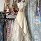 Apricot A Line Strapless Beaded Ruffle Organza Satin Prom Dress Evening Dress SH5622
