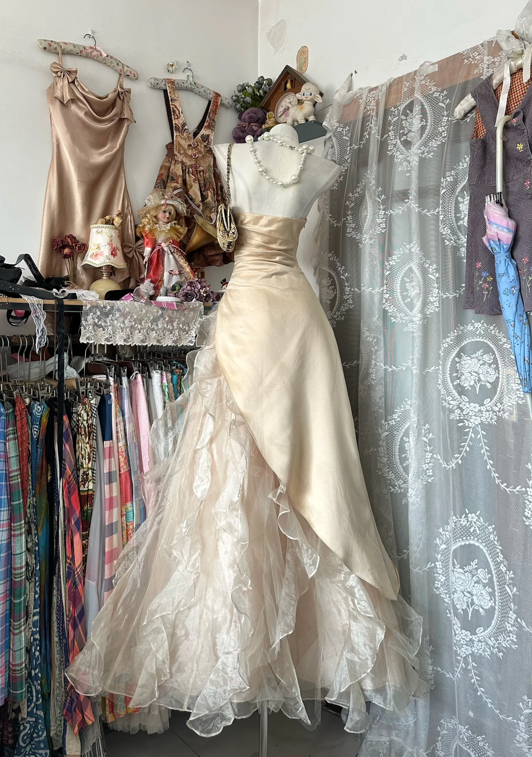 Apricot A Line Strapless Beaded Ruffle Organza Satin Prom Dress Evening Dress SH5622