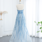Blue A Line V Neck Sequin Beaded Tulle Long Prom Dress Evening Dress SH2375