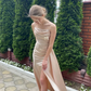 Champagne A Line Spaghetti Strap Pleated Satin Long Prom Dress Evening Dress SH7301