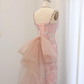 Pink Sheath Spaghetti Straps Rhinestone Sequin Tulle Prom Dress Evening Dress with Bow SH1945