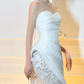 White Mermaid Strapless Floral Pleated Satin Tulle Long Prom Dress Party Dress SH4687