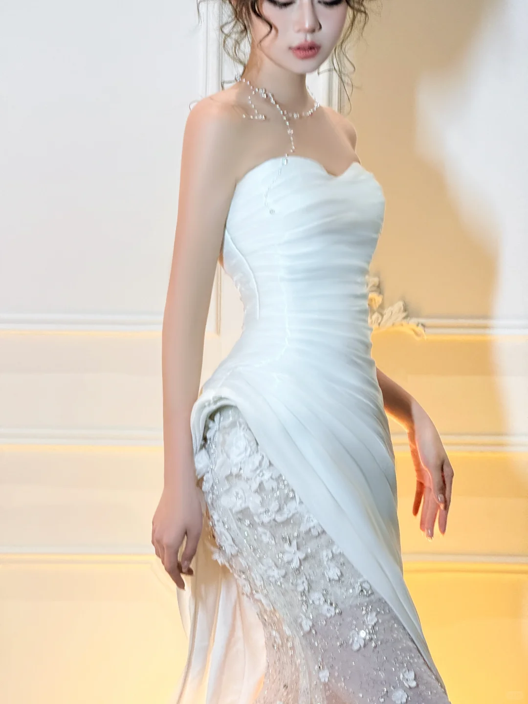 White Mermaid Strapless Floral Pleated Satin Tulle Long Prom Dress Party Dress SH4687