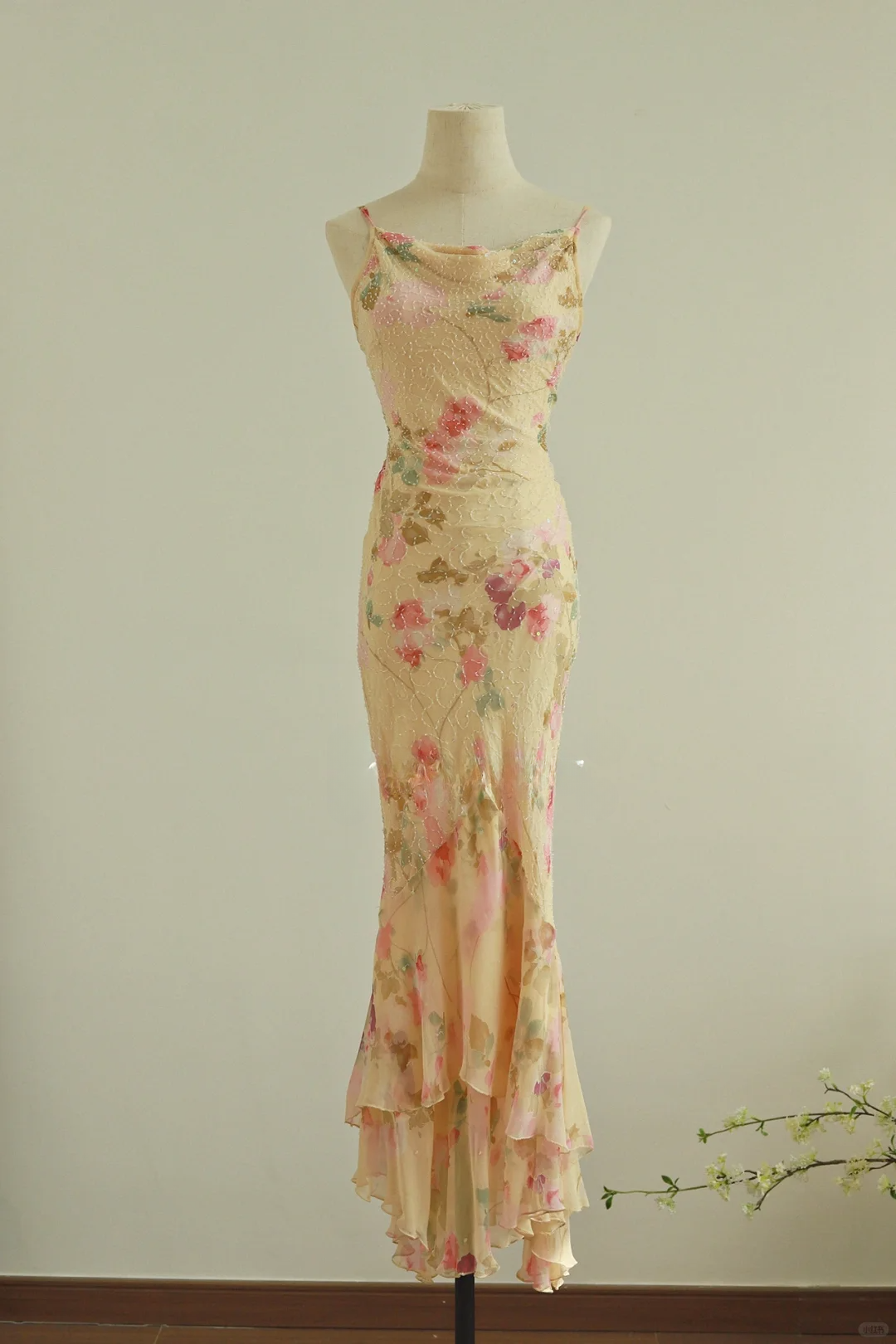 Retro Print Floral Mermaid Spaghetti Strap Beaded Chiffon Prom Dress Evening Dress SH3900