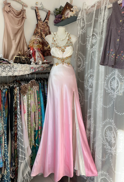 Vintage Pink Ombre A Line Halter Beaded Satin Prom Dress Evening Dress SH5250