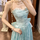 Vintage Blue A Line Straps Print Floral Satin Long Prom Dress with Bow SH5175