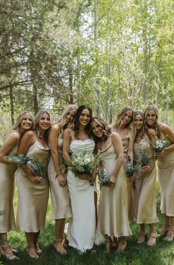 Simple Silk Satin Cowl Neck Spaghetti Strap Popular Tea Length Bridesmaid Dresses SH5587